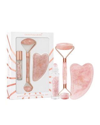 Face roller + gua sha talíř + roll-on láhev Růženín kosmetický set Crystallove - 1