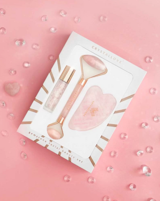 Face roller + gua sha talíř + roll-on láhev Růženín kosmetický set Crystallove - 2