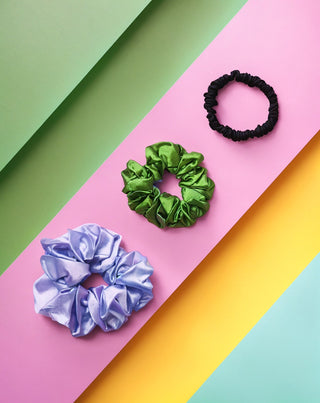 Sada gumiček do vlasů ze 100% přírodního hedvábí - fialová, zelená a černá Twisty 3 ks - 5