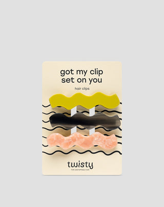 Sada vlnitých sponek do vlasů Twisty - zelená, černá, růžová 3 ks