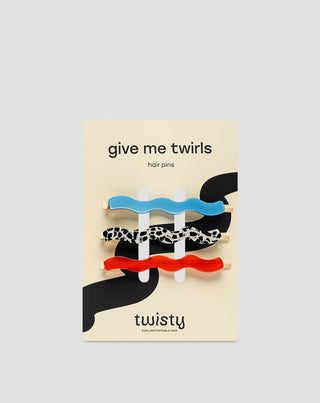 Sada vlnitých sponek do vlasů Twisty - mramorová, modrá, červená 3 ks