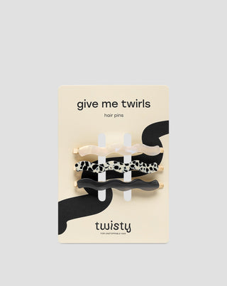 Sada vlnitých sponek do vlasů Twisty - mramorová, perleťová, černá 3 ks