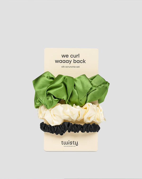 Sada gumiček do vlasů ze 100% přírodního hedvábí - zelená, krémová a černá Twisty 3 ks