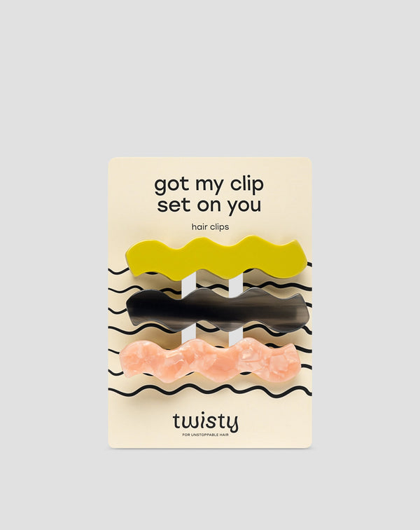 Sada vlnitých sponek do vlasů Twisty - zelená, černá, růžová 3 ks