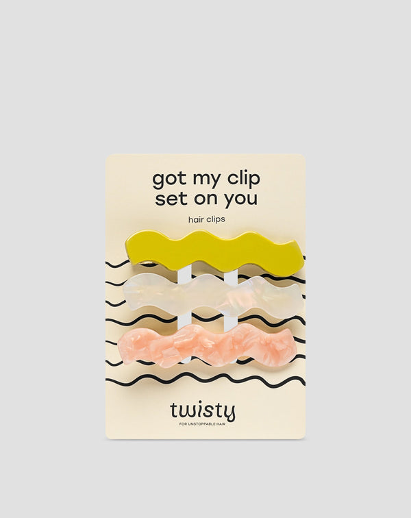 Sada vlnitých sponek do vlasů Twisty - perleťová, zelená, růžová 3 ks